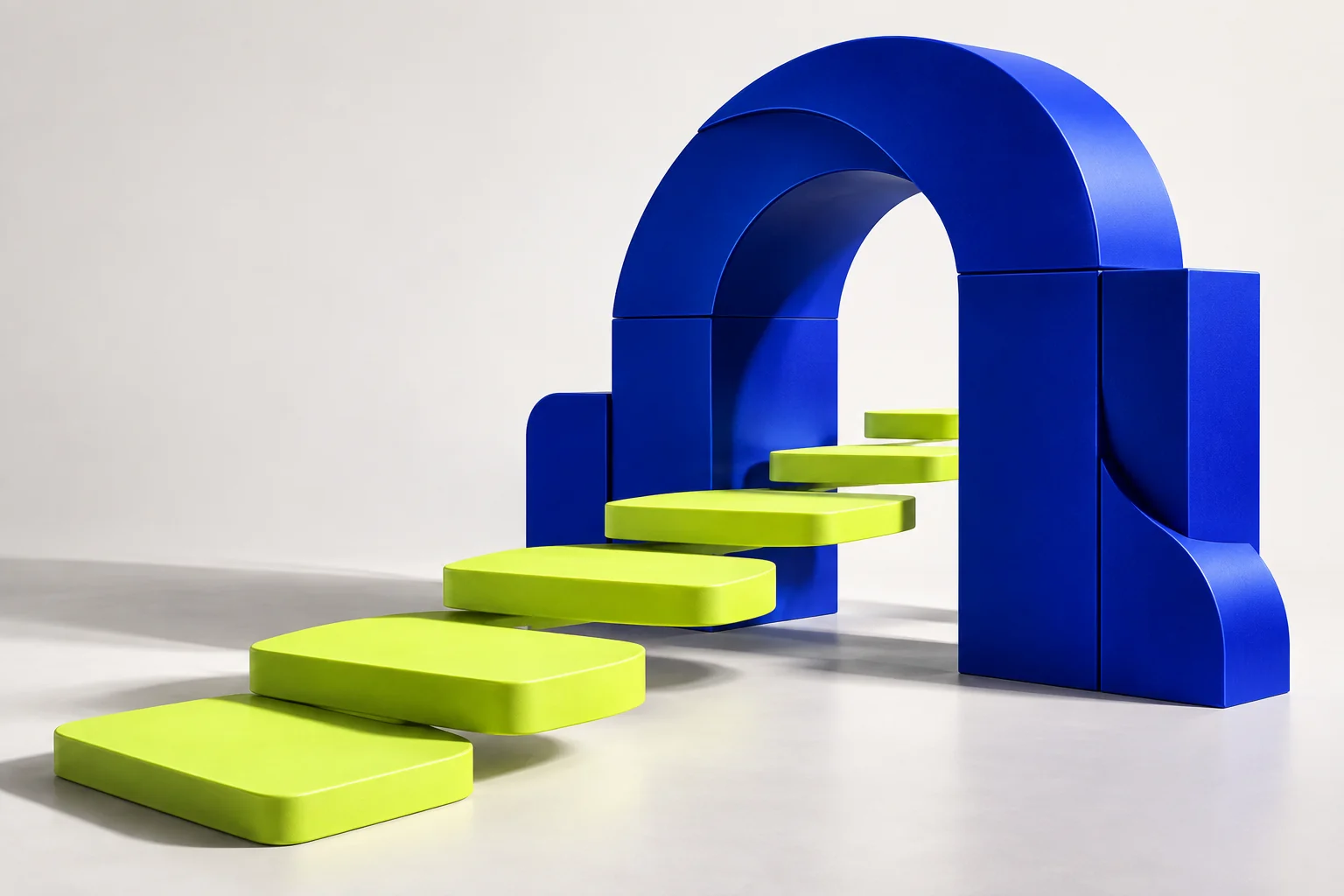 Cobalt arch with lime stepping stones, an abstract illustration of moving an idea forward